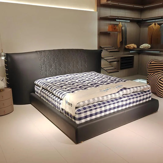 Queen Bed Double Leather Bed Luxury Style Large Flat Bedroom Furniture Custom Wide Headboard King Size Bed