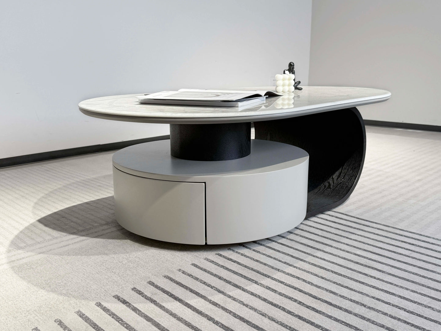 Modern round coffee table with convertible drawers in stainless steel marble for home living room furniture with wooden panels