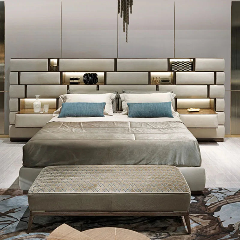 Modern minimalist leather double bed premium luxury designer master bedroom widescreen premium MDF metal hotel