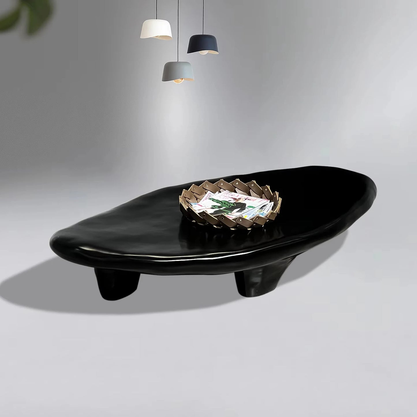 2024 Modern Nordic Design Beautiful FRP Furniture Black Pebble Low Coffee Table Wooden Oval Shape Simple Household