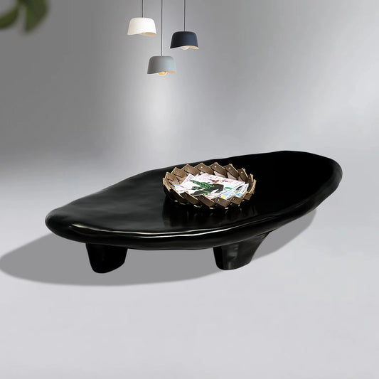 2024 Modern Nordic Design Beautiful FRP Furniture Black Pebble Low Coffee Table Wooden Oval Shape Simple Household