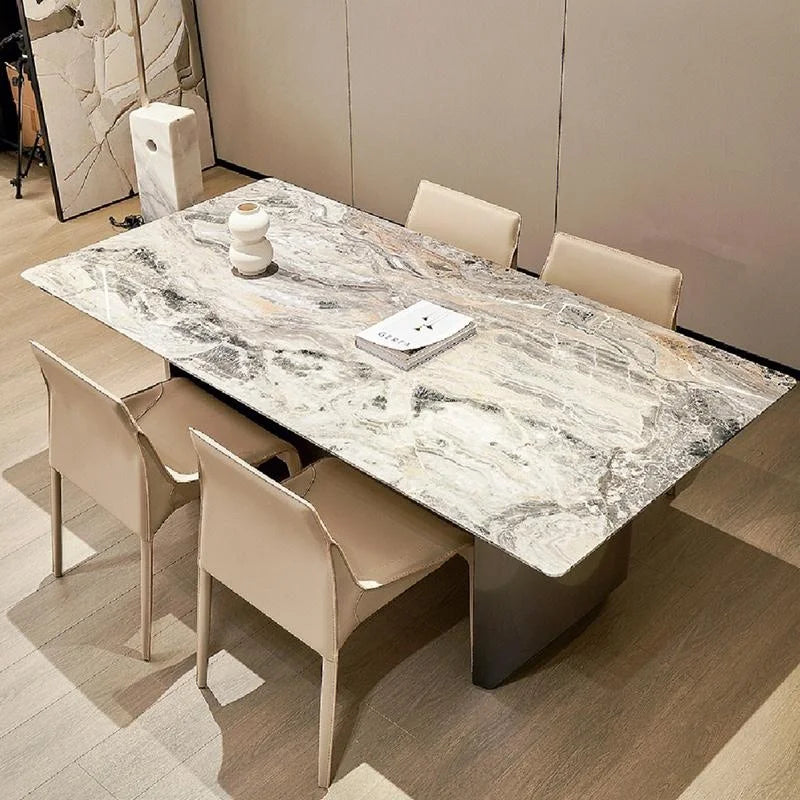 Modern Luxury Italian Normcore Dining Table High-end Venetian Brown Natural Marble with Stainless Steel Household Dining Table