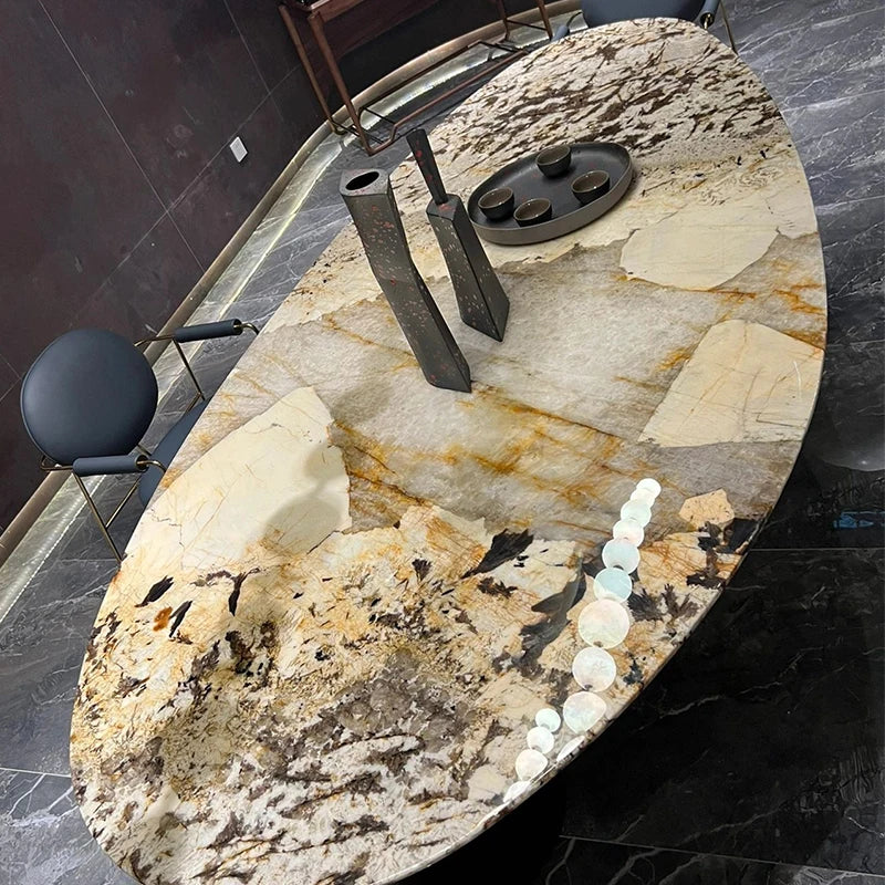 Italian luxury water drop design natural marble stone oval dining table set, suitable for large villa mansion living room