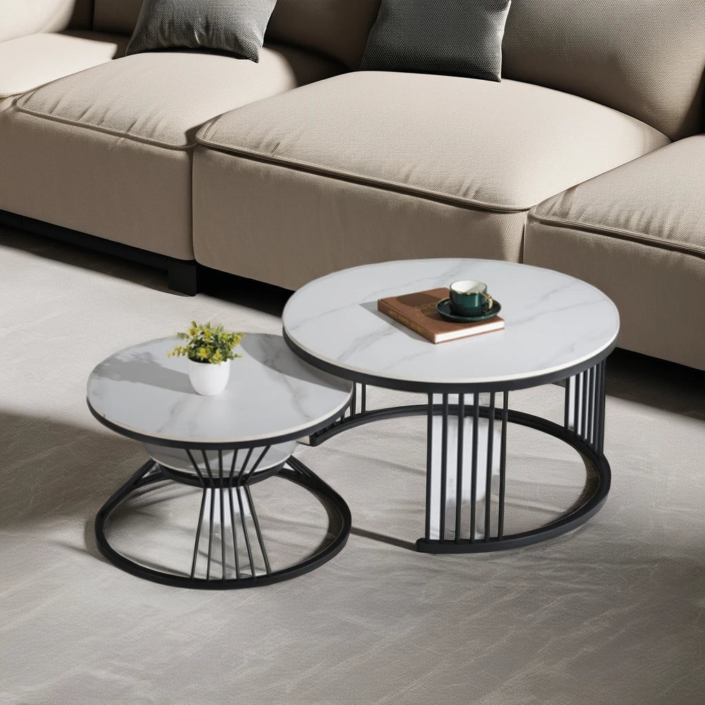 Contemporary Modern Design Combination Ceramic Steel Coffee Table Set Black Base with Living Room Home Furniture Tabletop