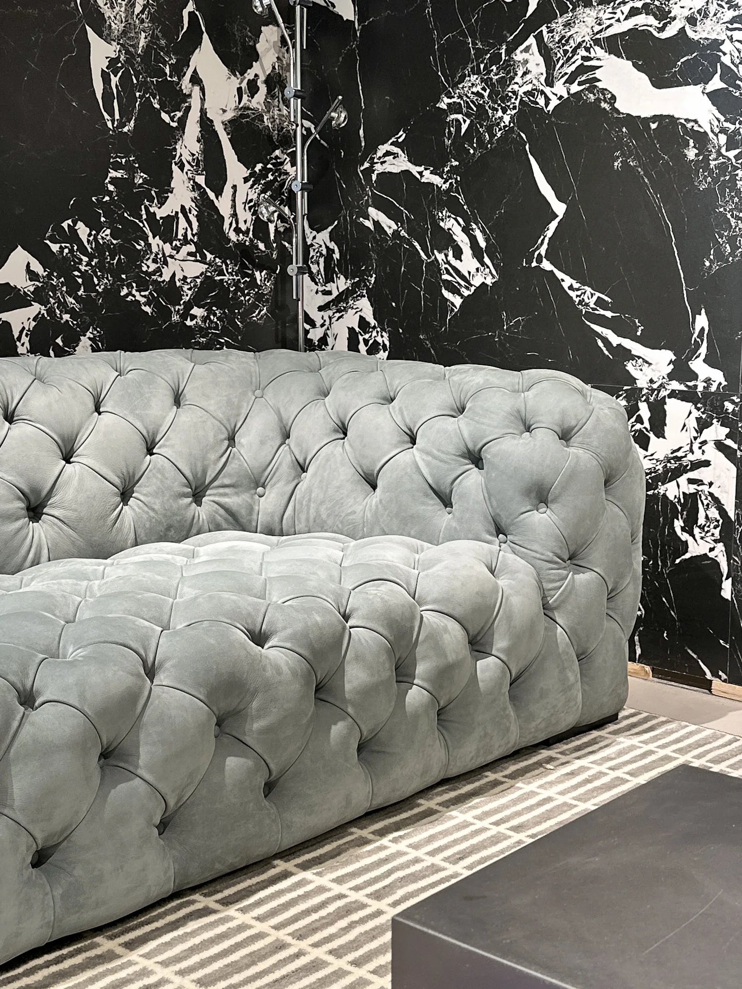 Exquisite modern Italian Chesterfield wooden sofa set with comfortable velvet armrests and metal legs, perfect for a family or villa