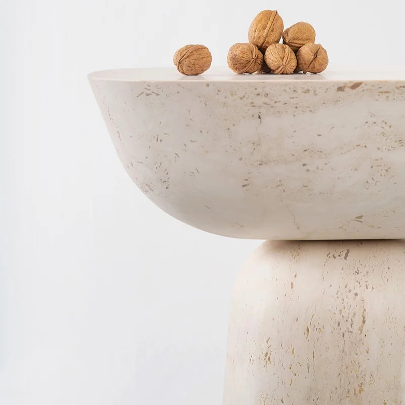 Nordic minimalist designer side table natural hand-carved travertine stone, for living room sofa or corner