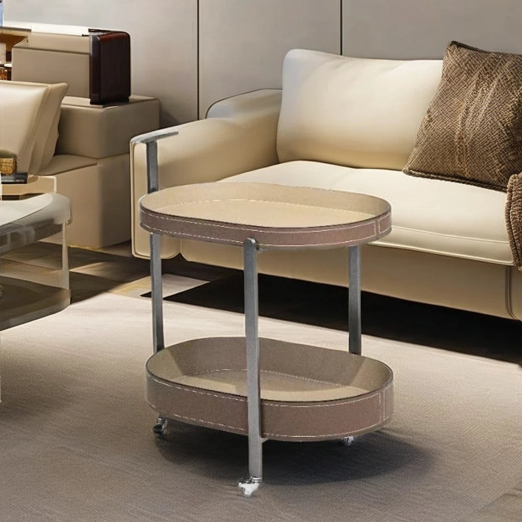 Oval saddle leather hotel trolley side table cabinet villa living room furniture coffee table hotel snack bed coffee table