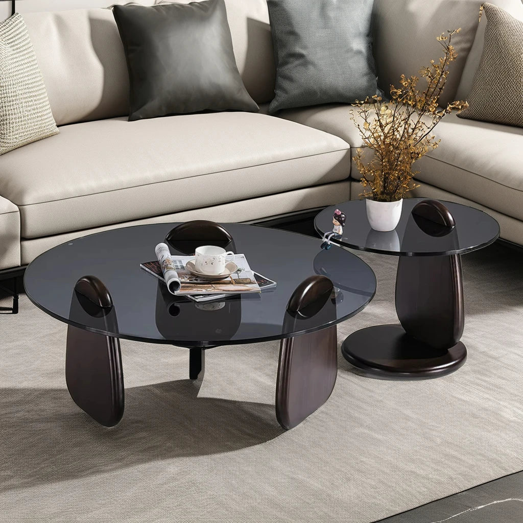 Modern Luxury Design Round Glass Top Tea Table Set with Solid Oak Wooden Base for Villa Living Room or Dining Room Combination