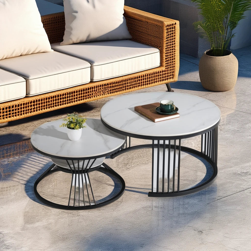 Contemporary Modern Design Combination Ceramic Steel Coffee Table Set Black Base with Living Room Home Furniture Tabletop