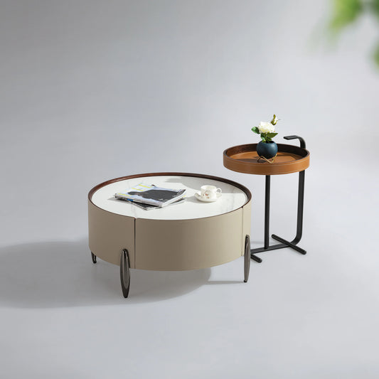 Saddle Leather Round Ceramic Coffee Table Set Living Room Furniture Villa Large Apartment Loft Simple Coffee Table