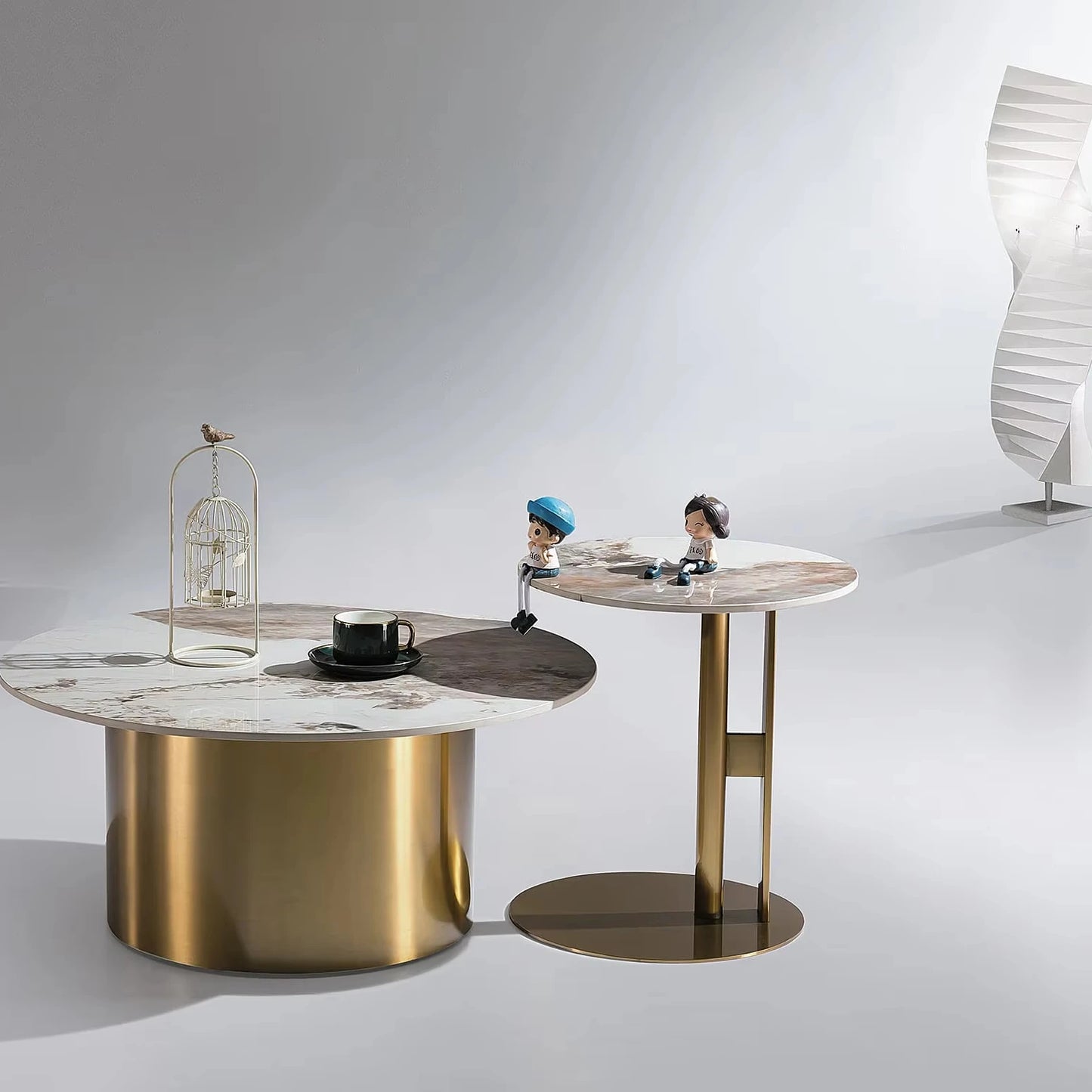 Light luxury stainless steel gold ceramic round living room furniture indoor beauty salon casual coffee table set