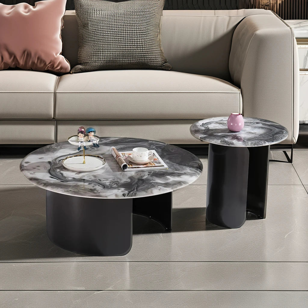 Coffee table set Home living furniture Round apartment project Small stainless steel base Beauty salon Ceramic coffee table