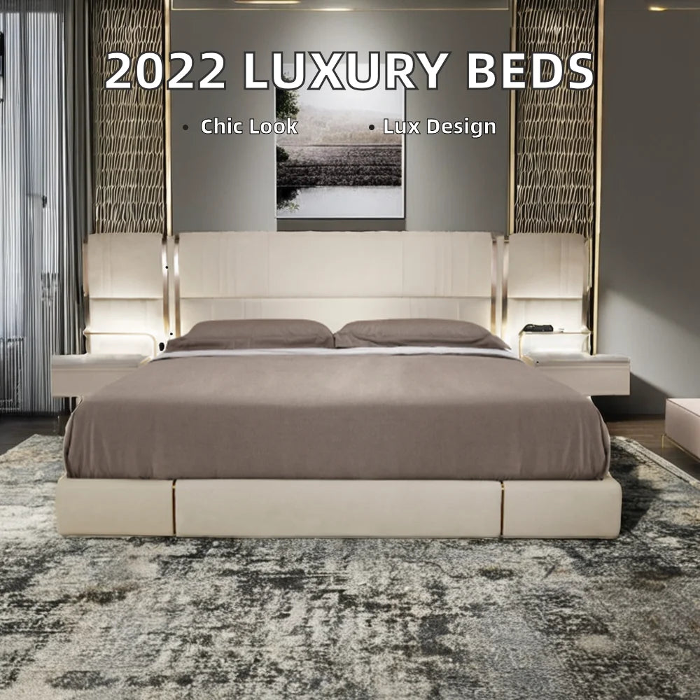 2022 Custom Leather Wooden Bed Frame Modern King Bedroom Villa and Luxury Residential Furniture