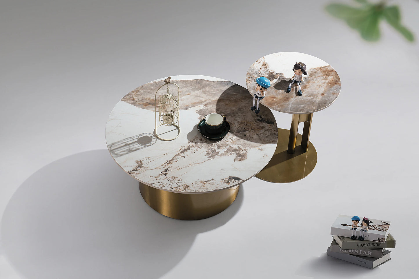 Light luxury stainless steel gold ceramic round living room furniture indoor beauty salon casual coffee table set