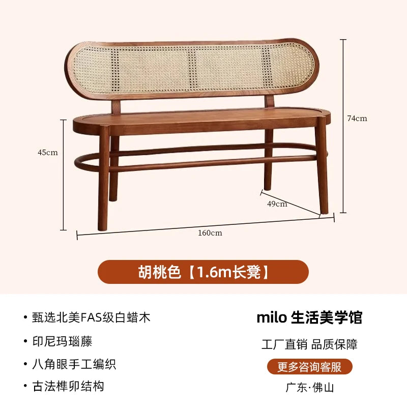 Double-seat French rattan chair solid wood household bedside shoe changing stool solid wood casual dining chair sofa chair