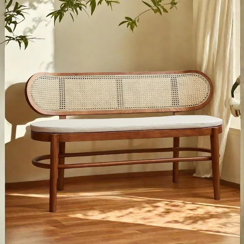 Double-seat French rattan chair solid wood household bedside shoe changing stool solid wood casual dining chair sofa chair