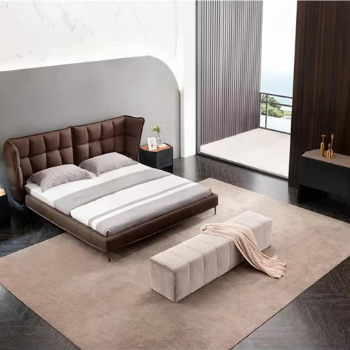 Italian queen bedroom furniture soft bed solid wood frame microfiber material villa home interior design bedding set