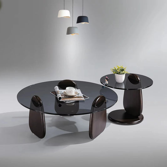 Modern Luxury Design Round Glass Top Tea Table Set with Solid Oak Wooden Base for Villa Living Room or Dining Room Combination