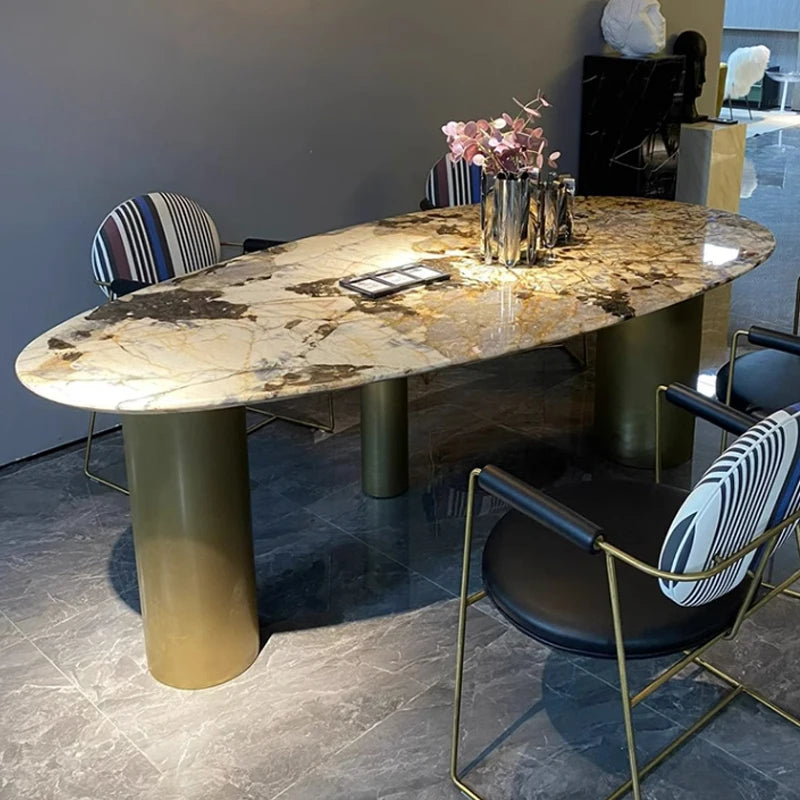 Italian luxury water drop design natural marble stone oval dining table set, suitable for large villa mansion living room