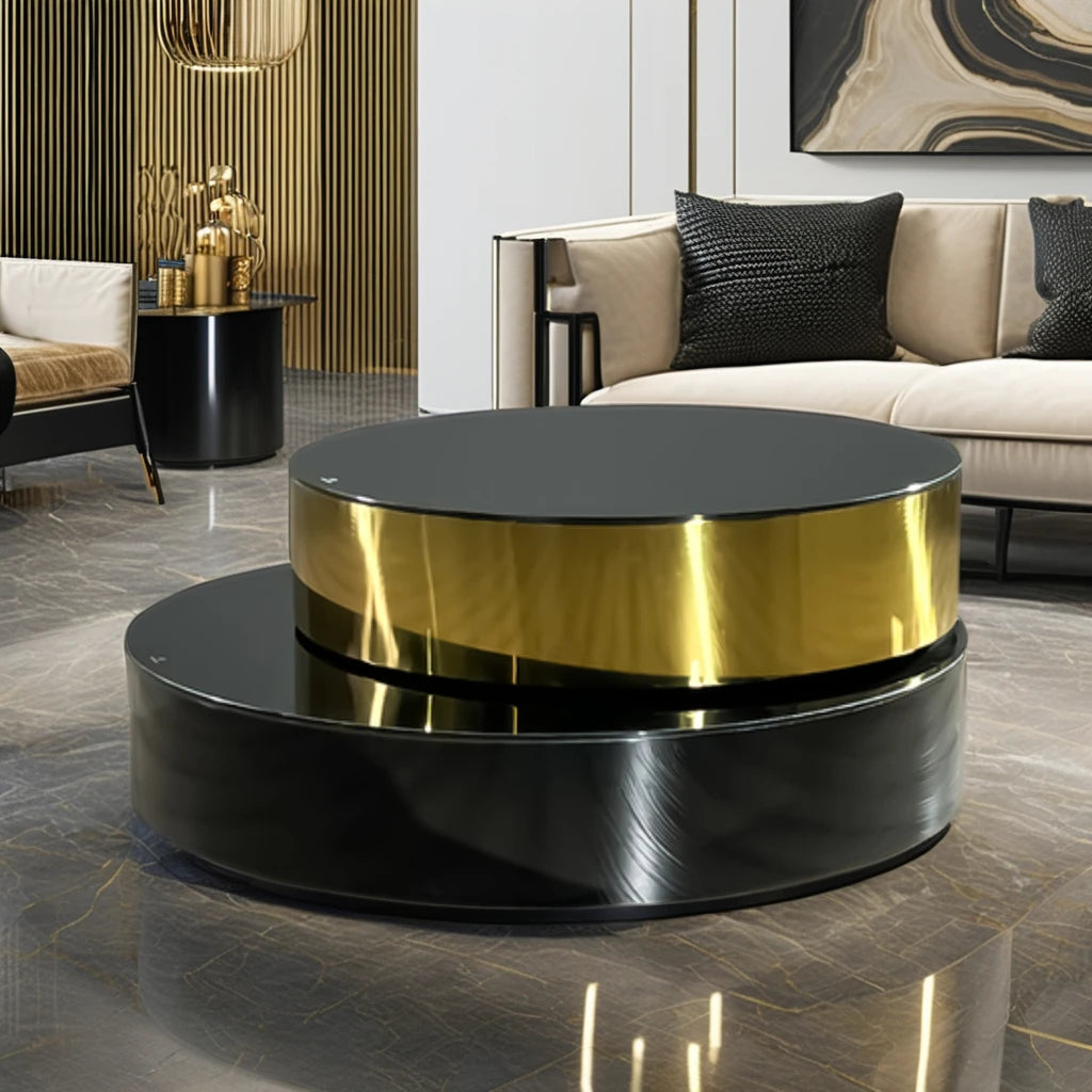 Italian design 360 degree rotating stainless steel villa coffee table round gold glass top apartment hotel VIP coffee table