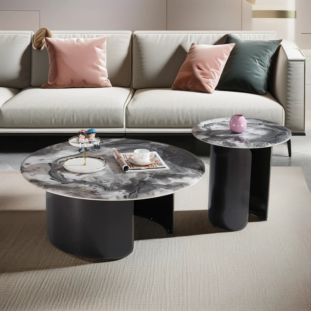 Coffee table set Home living furniture Round apartment project Small stainless steel base Beauty salon Ceramic coffee table
