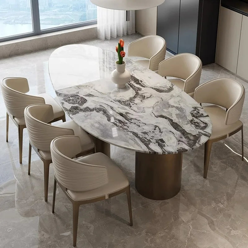 Italian luxury water drop design natural marble stone oval dining table set, suitable for large villa mansion living room