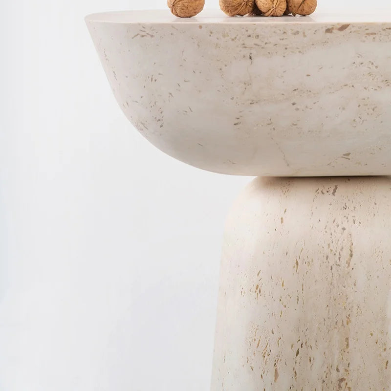 Nordic minimalist designer side table natural hand-carved travertine stone, for living room sofa or corner
