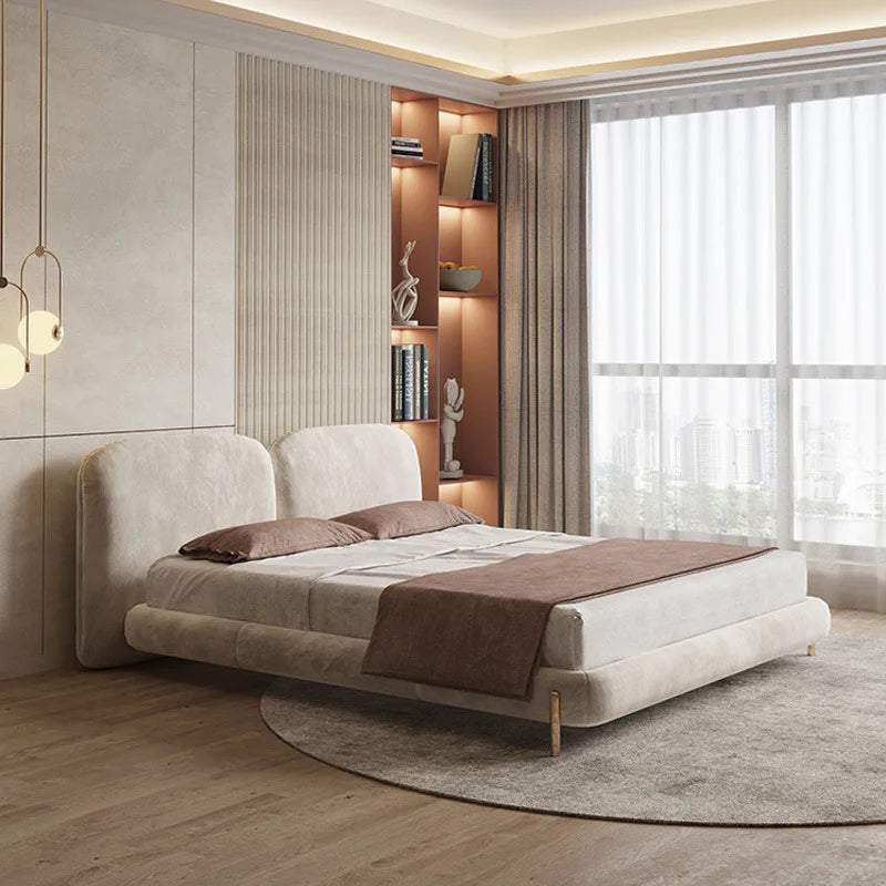 Luxury Cream Stone Modern King Bed Light Luxury Fabric Wooden Frame Small Apartment Luxury Bed