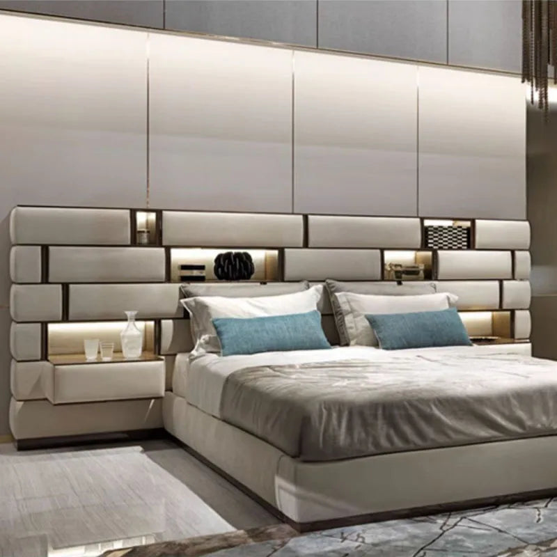 Modern minimalist leather double bed premium luxury designer master bedroom widescreen premium MDF metal hotel