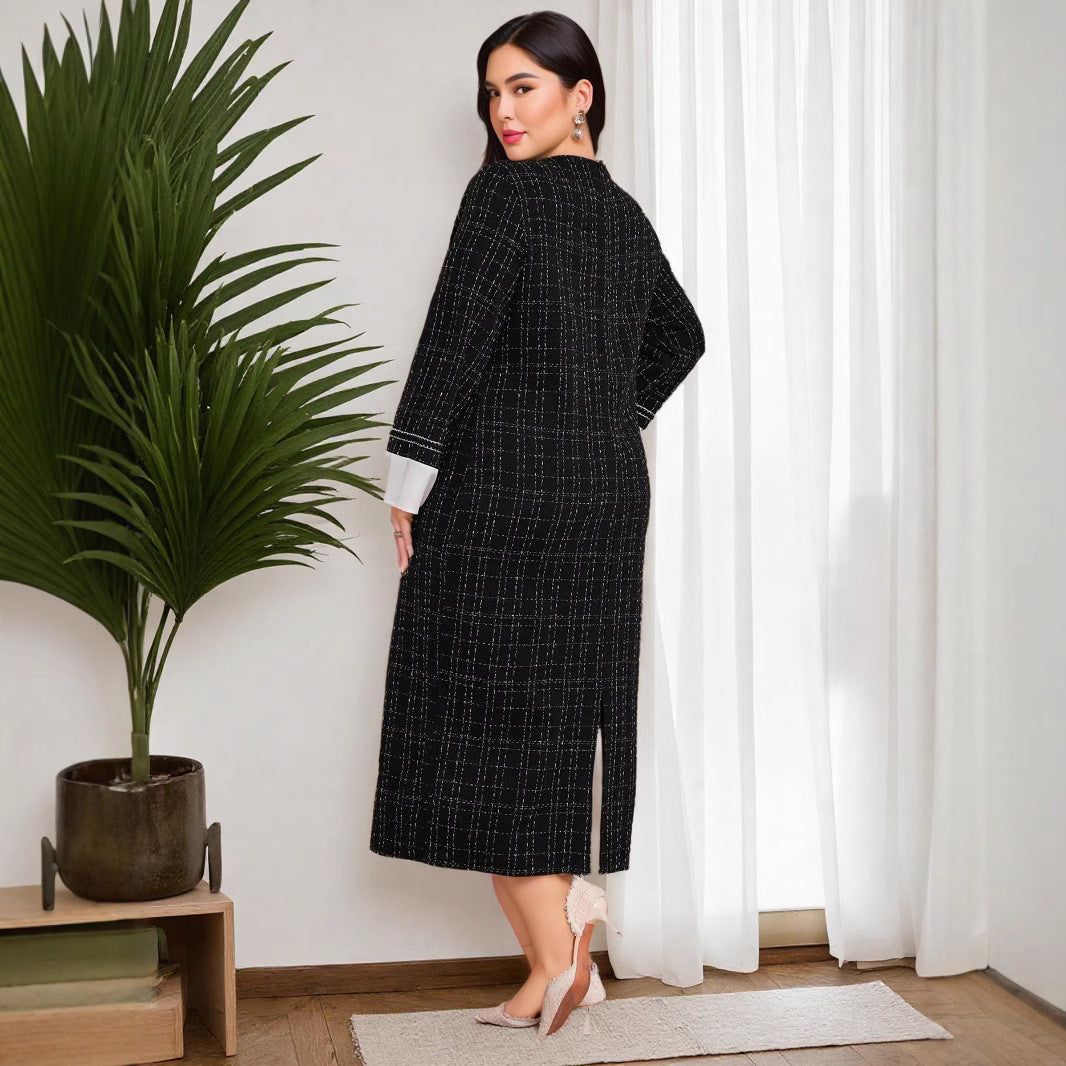 Cross-border Amazon Middle East Thousand Birds Grid Long Sleeve Fashion Dress New Xiaoxiangfeng Crew Neck Large Size Dress
