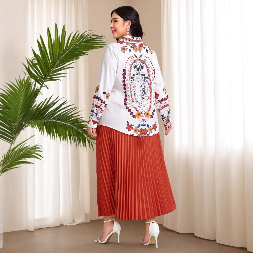suit women's pleated skirt long-sleeved printing cross-border Amazon temperament Muslim printed shirt pleated large size
