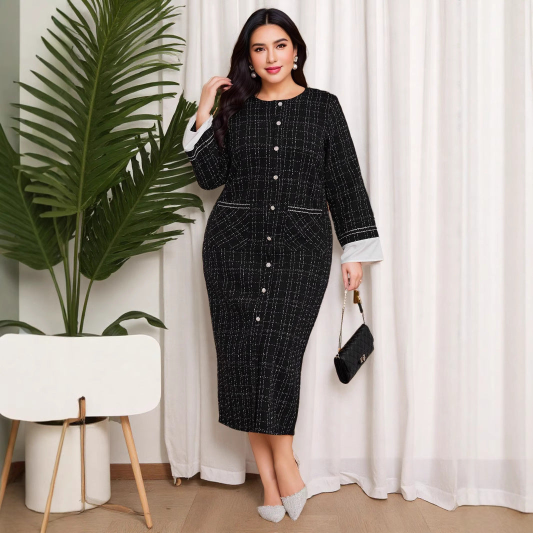 Cross-border Amazon Middle East Thousand Birds Grid Long Sleeve Fashion Dress New Xiaoxiangfeng Crew Neck Large Size Dress