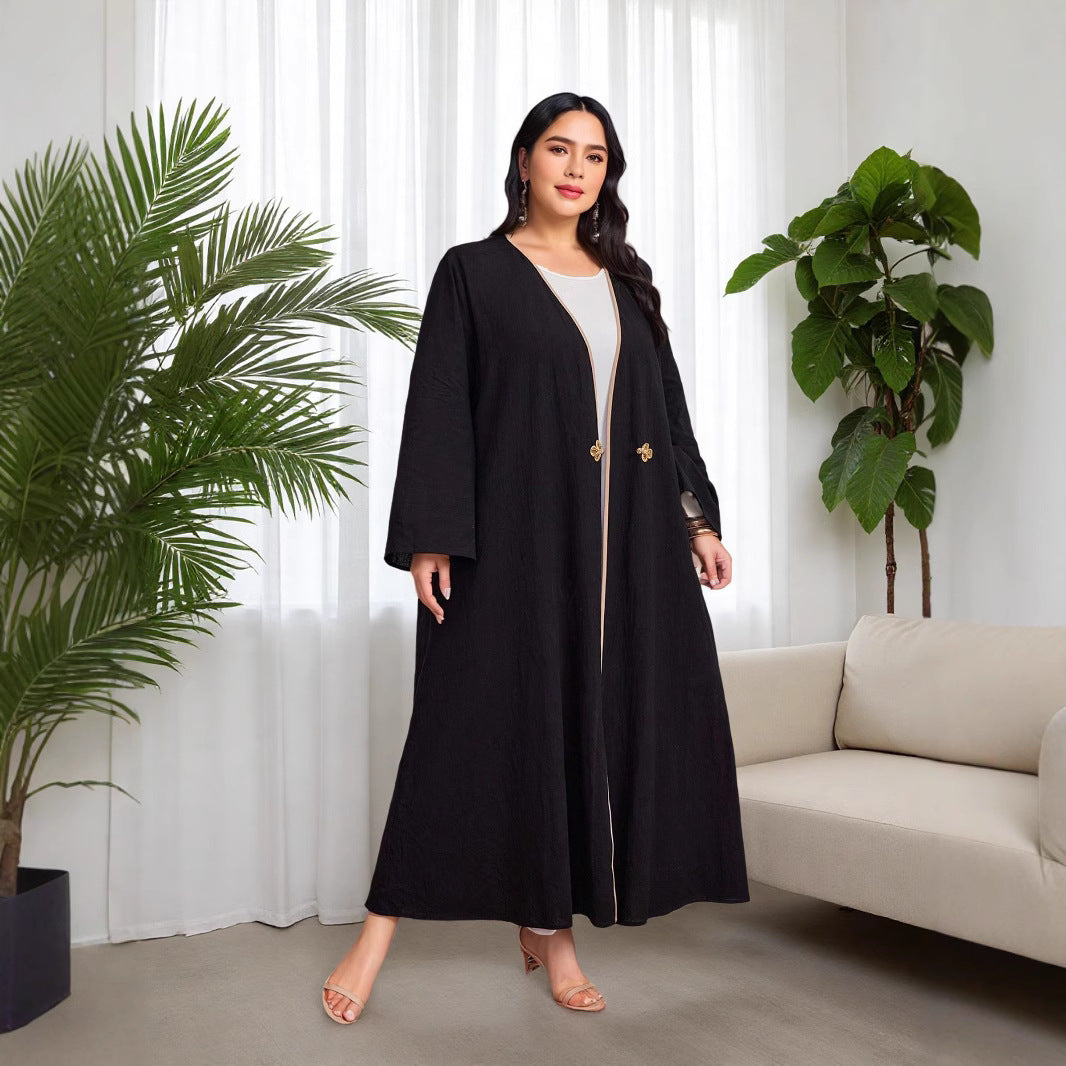 Cotton and linen net color robe cardigan | Placket contrasting design + traditional buckle | Large size women's clothing | Muslim