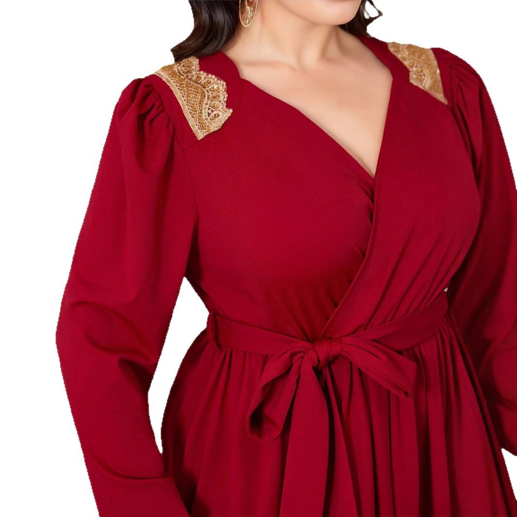 Middle Eastern Amazon Muslim Long Sleeve Dress Lace Solid Color Dress