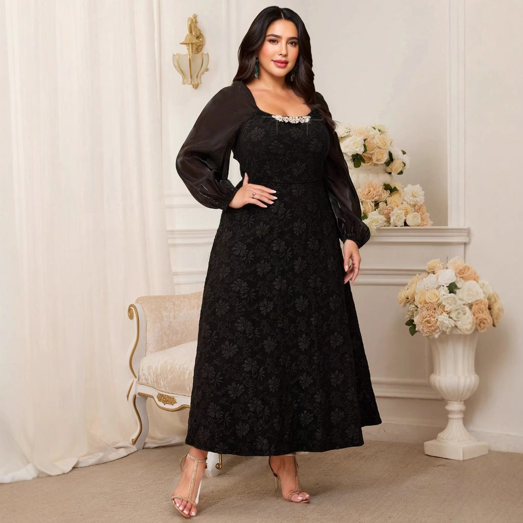 Middle Eastern style net color large size long dress | Jacquard fabric + mesh splicing sleeves + diamond neckline