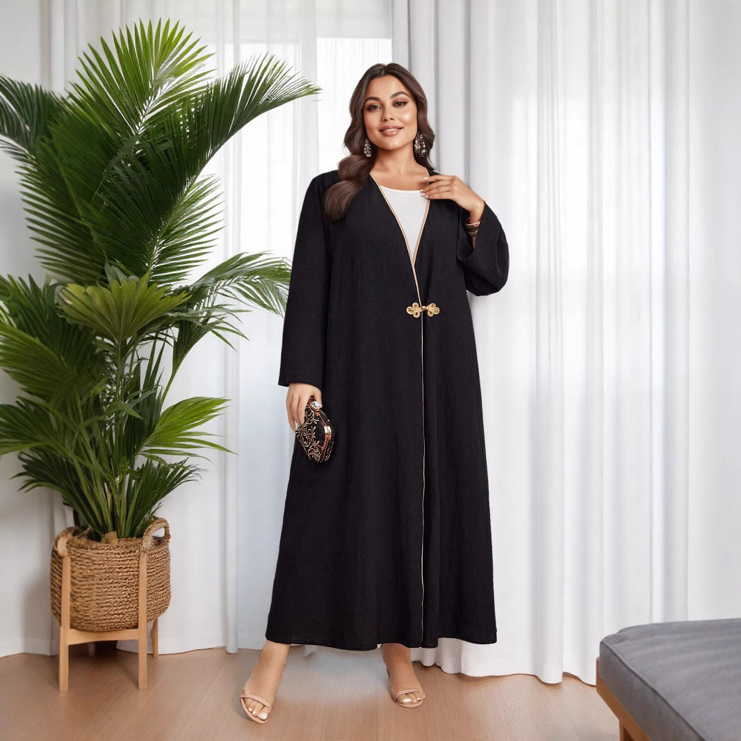 Cotton and linen net color robe cardigan | Placket contrasting design + traditional buckle | Large size women's clothing | Muslim