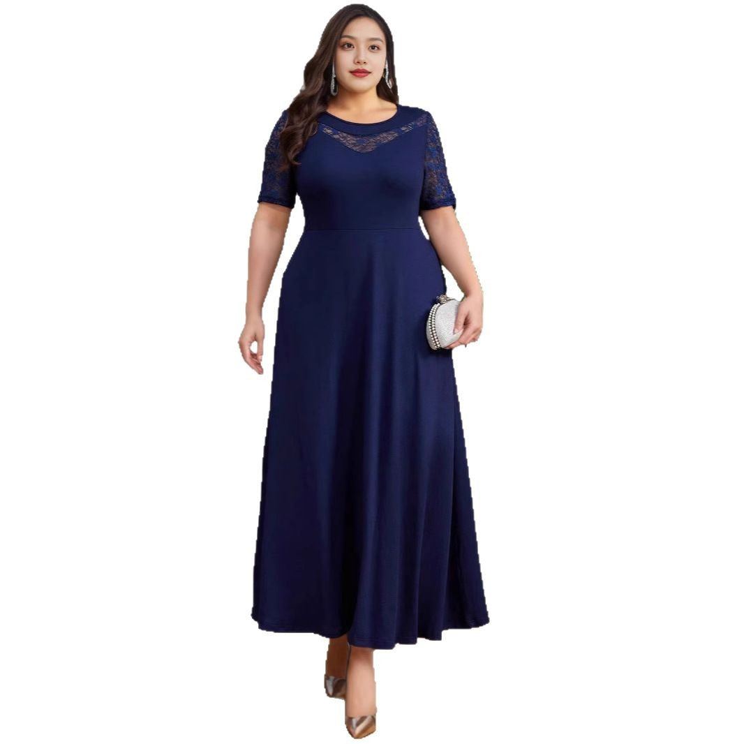 Cross-border Muslim Amazon large-size clear color lace stitching knitted elastic slim-fit elegant dress