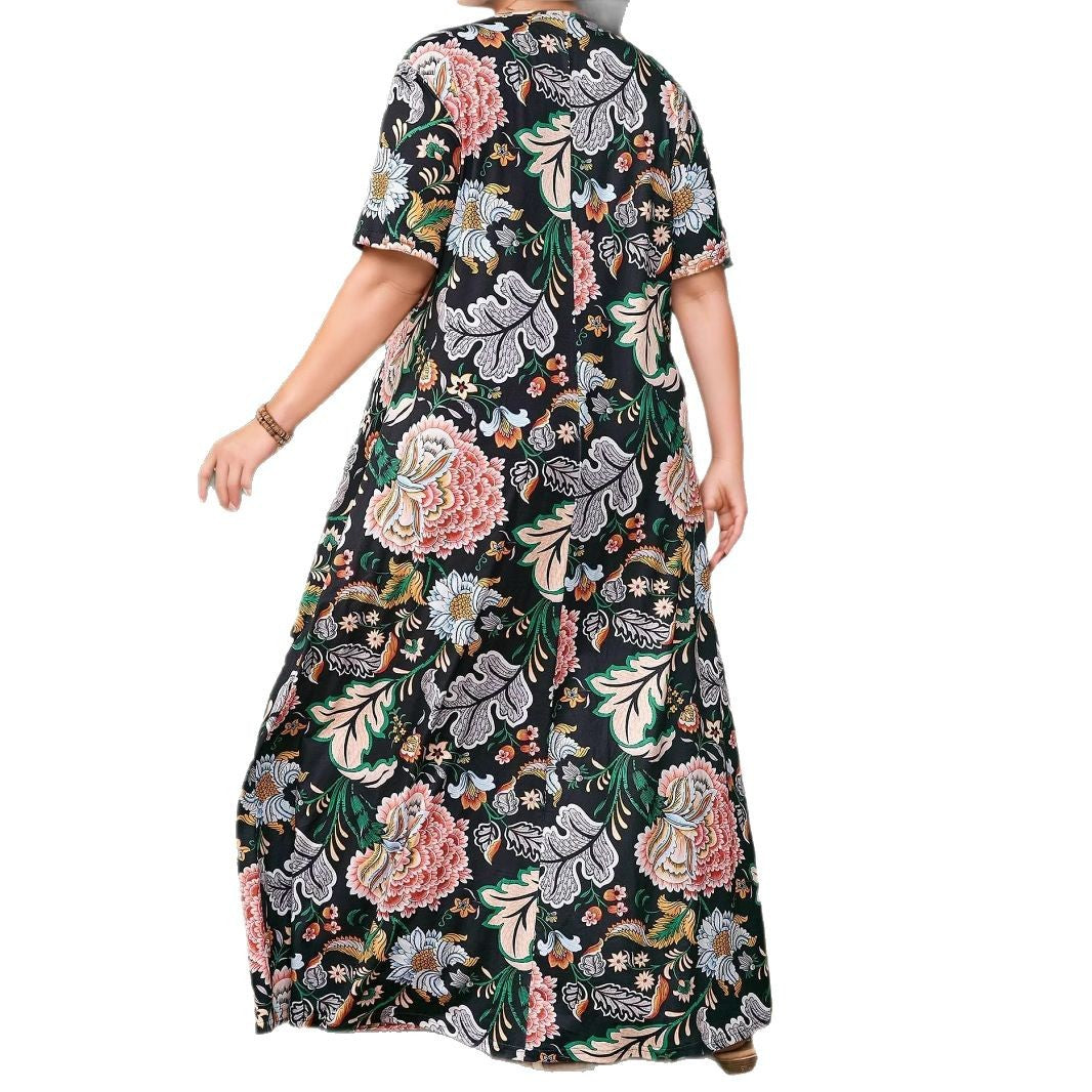 Cross-Border Amazon Vacation Large Size Tropical Print Bohemian Short Sleeve Dress