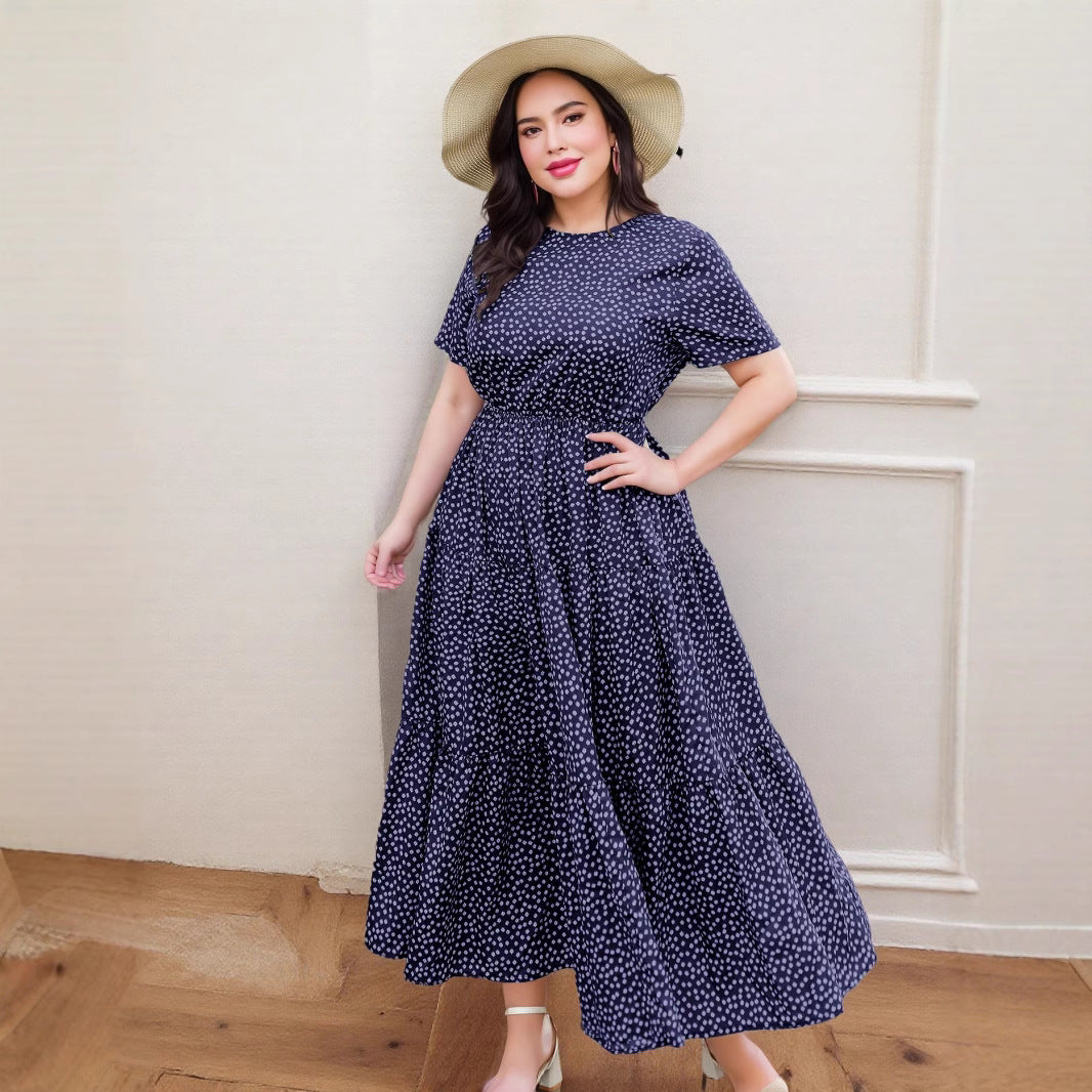Real shot cross-border European and American large-size women's clothing Amazon large-size dress foreign trade printing crew neck dress