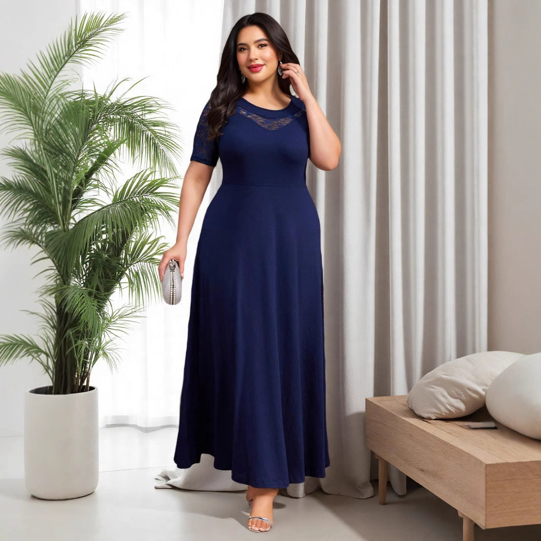 Cross-border Muslim Amazon large-size clear color lace stitching knitted elastic slim-fit elegant dress