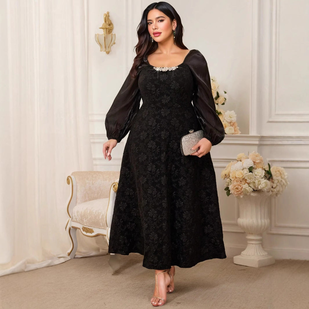 Middle Eastern style net color large size long dress | Jacquard fabric + mesh splicing sleeves + diamond neckline