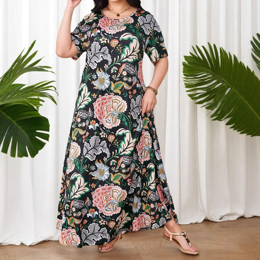Cross-Border Amazon Vacation Large Size Tropical Print Bohemian Short Sleeve Dress