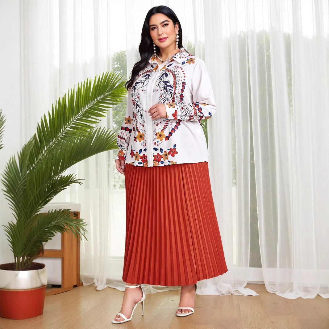 suit women's pleated skirt long-sleeved printing cross-border Amazon temperament Muslim printed shirt pleated large size