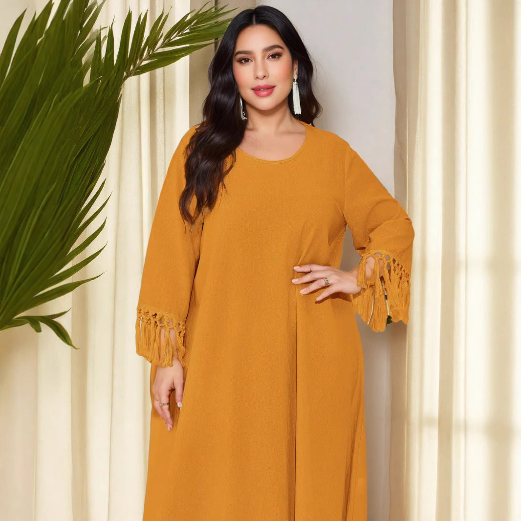 Cross-border Middle East hand hook splicing long tassel beach dress loose blouse large size dress A1946 Muslim