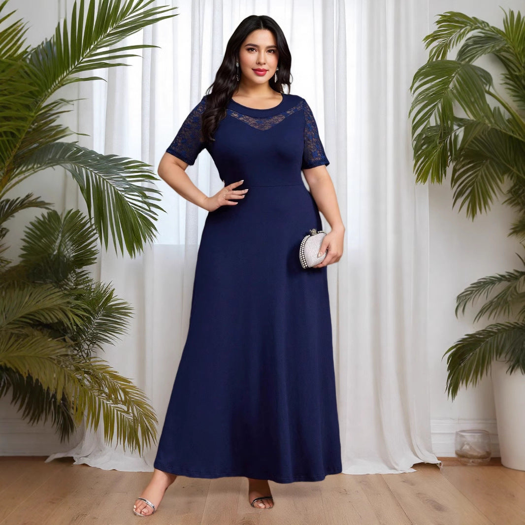 Cross-border Muslim Amazon large-size clear color lace stitching knitted elastic slim-fit elegant dress