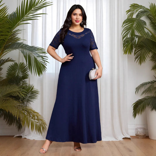 Cross-border Muslim Amazon large-size clear color lace stitching knitted elastic slim-fit elegant dress