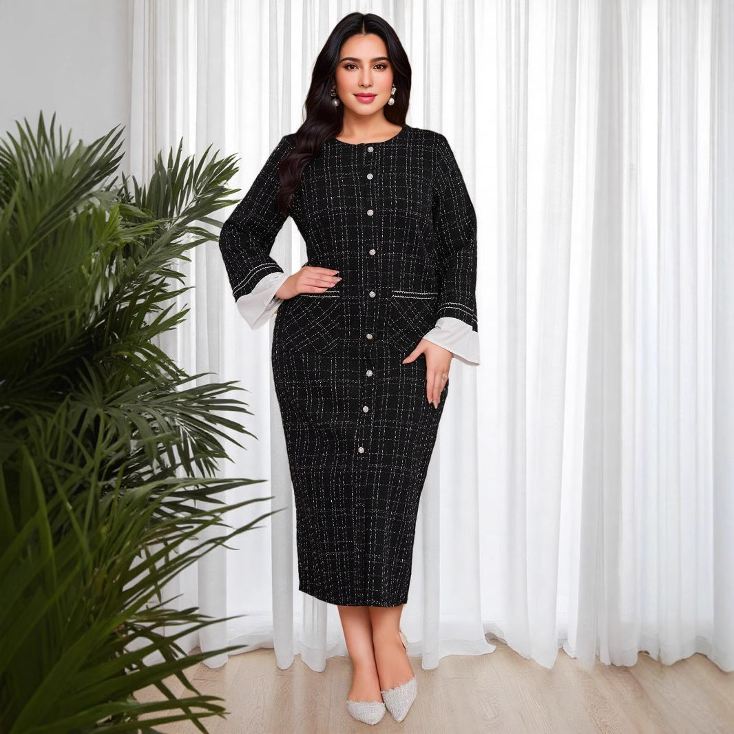 Cross-border Amazon Middle East Thousand Birds Grid Long Sleeve Fashion Dress New Xiaoxiangfeng Crew Neck Large Size Dress