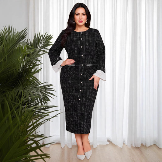 Cross-border Amazon Middle East Thousand Birds Grid Long Sleeve Fashion Dress New Xiaoxiangfeng Crew Neck Large Size Dress