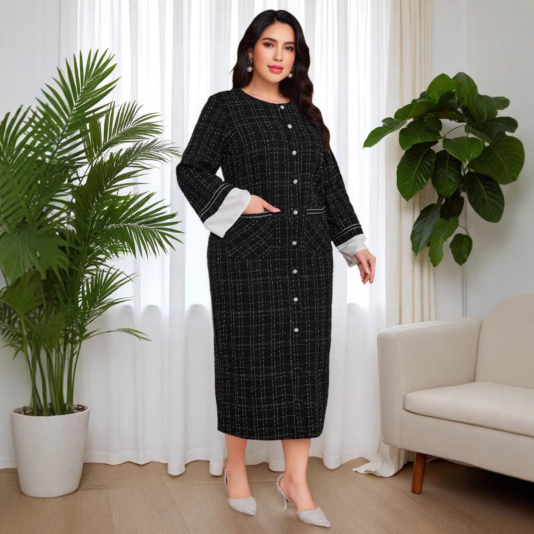 Cross-border Amazon Middle East Thousand Birds Grid Long Sleeve Fashion Dress New Xiaoxiangfeng Crew Neck Large Size Dress