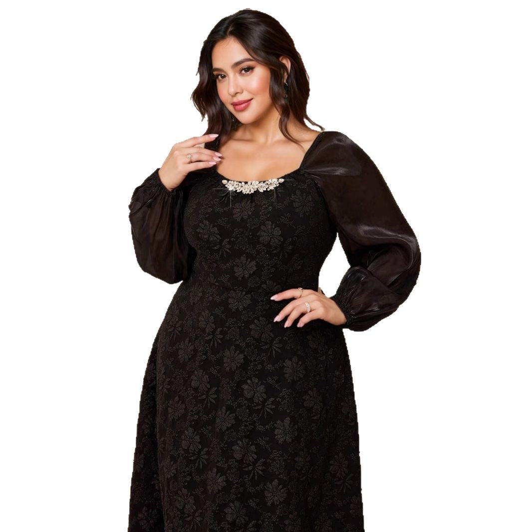 Middle Eastern style net color large size long dress | Jacquard fabric + mesh splicing sleeves + diamond neckline